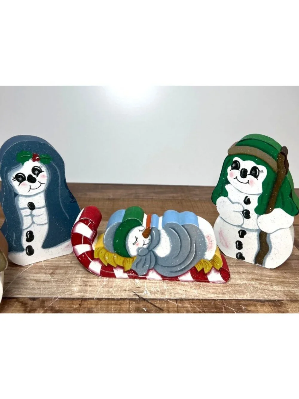 Nativity Scene Hand-Painted Wooden Snowman Figures Holiday Décor Set - 7 Pieces